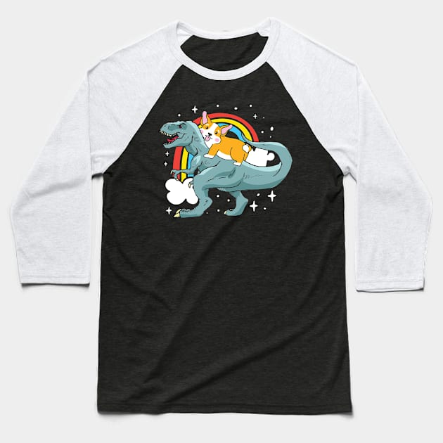 Corgi Riding Dinosaur Baseball T-Shirt by AngelBeez29